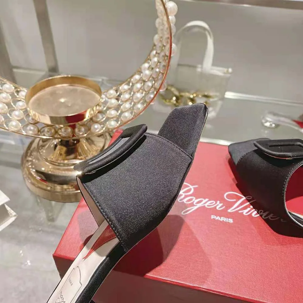 Roger Vivier Strass Heel Covered Buckle Mules in Satin for Women in Black Roger Vivier Strass Heel Covered Buckle Mules in Satin for Women in Black