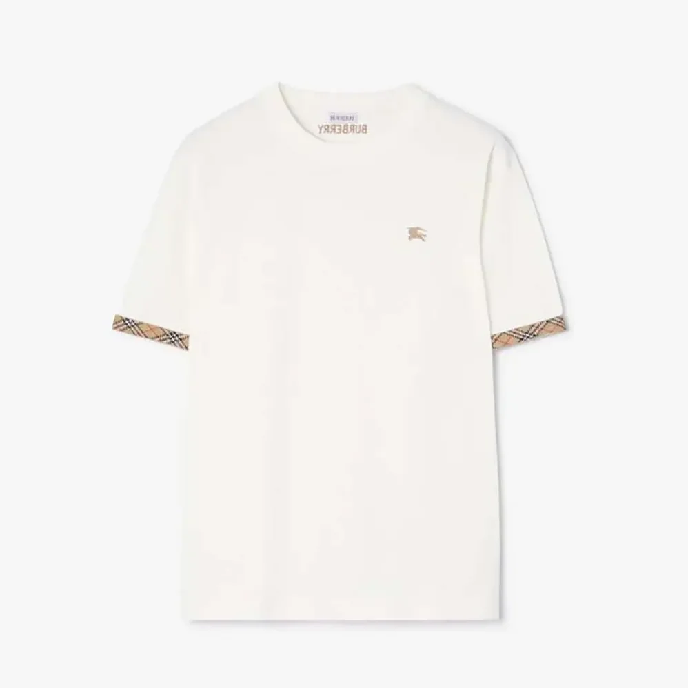 Burberry Check Trim Cotton T-shirt for Women in White Burberry Check Trim Cotton T-shirt for Women in White