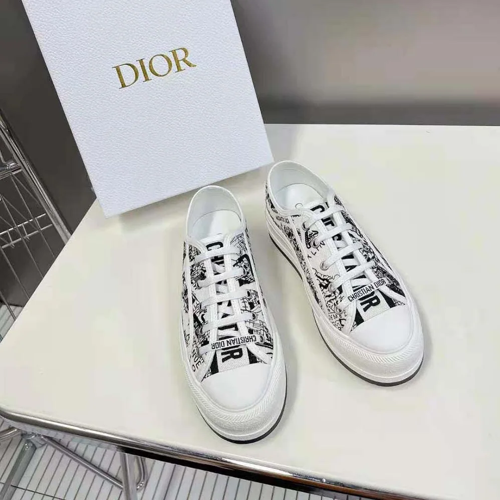 Dior Walk'N'Dior Platform Sneaker White and Black Cotton Embroidered with Plan De Paris Motif for Women