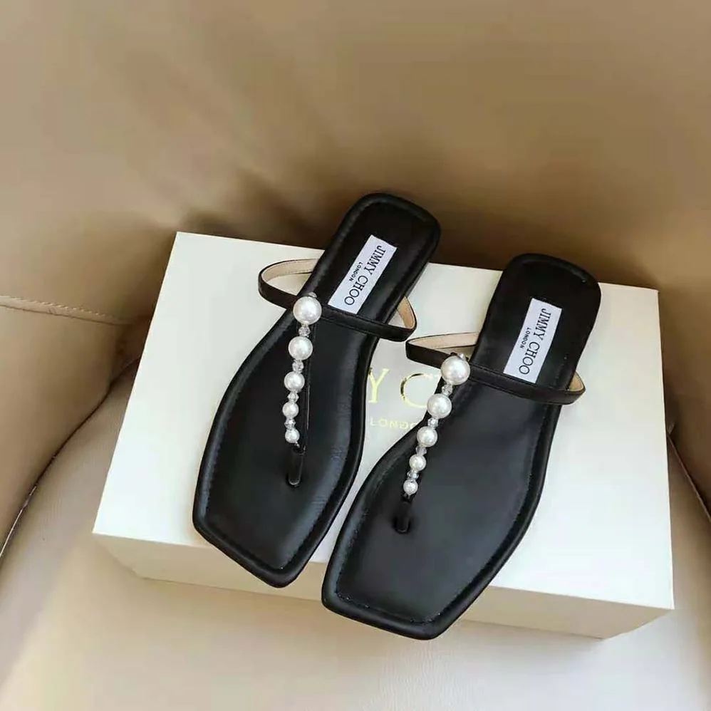 Jimmy Choo Alaina Flat Black Nappa Leather Flats with Pearl Embellishment for Women Jimmy Choo Alaina Flat Black Nappa Leather Flats with Pearl Embellishment for Women