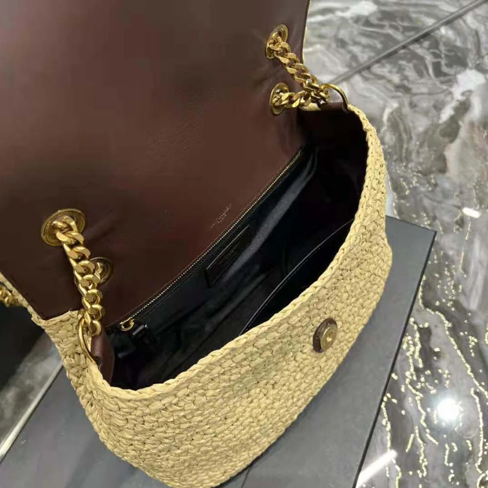 Saint Laurent YSL Niki Medium Chain Bag in Raffia and Leather for Women in Brown