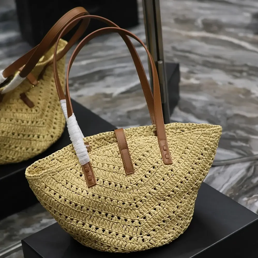 Saint Laurent YSL Panier Small in Raffia and Vegetable for Women in tanned Leather