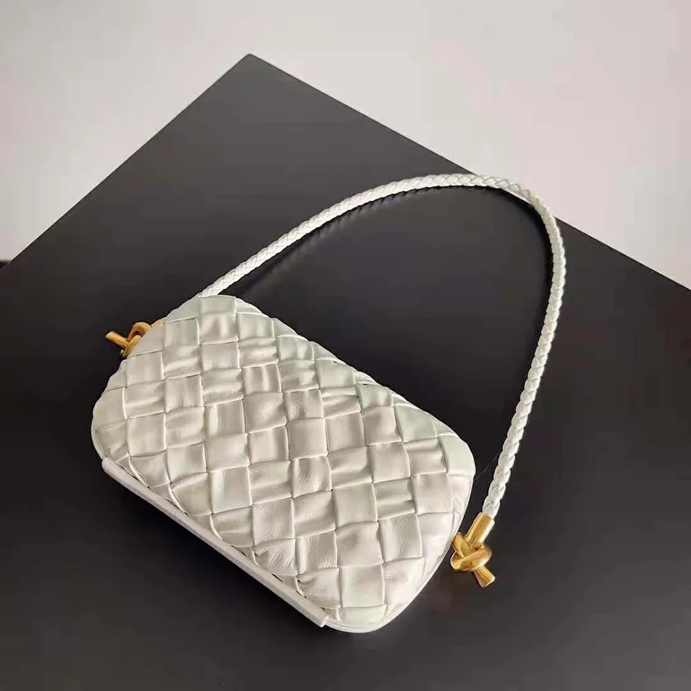 Bottega Veneta Knot On Strap Foulard Intreccio Leather Minaudiere with Strap for Women in White Bottega Veneta Knot On Strap Foulard Intreccio Leather Minaudiere with Strap for Women in White