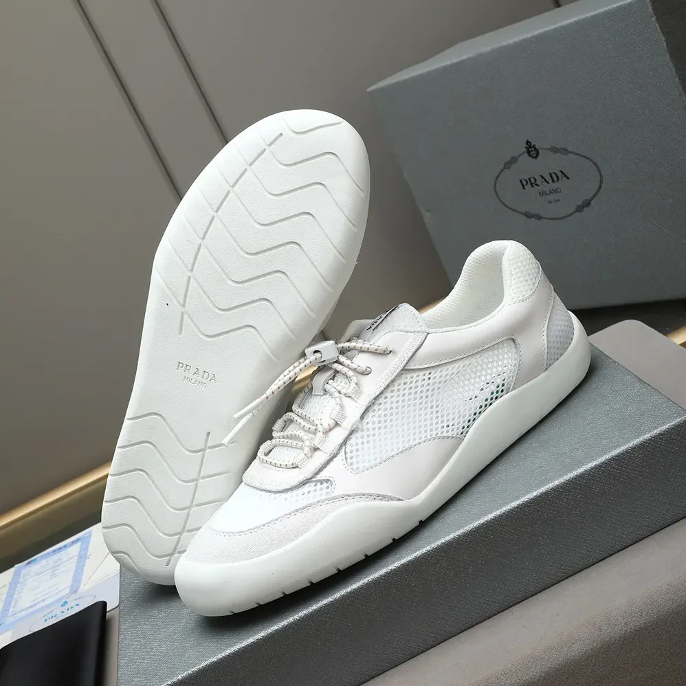 Prada Speedrock Patent Leather and Mesh Fabric Sneakers for Unisex in White