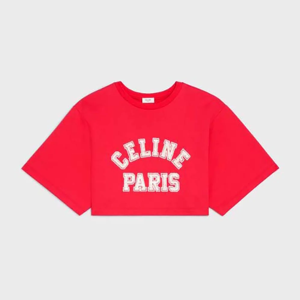 Celine Cropped Celine T-shirt in Cotton Fleece for Women in Red Celine Cropped Celine T-shirt in Cotton Fleece for Women in Red