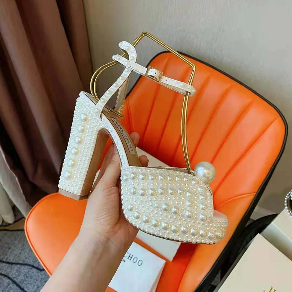 Jimmy Choo Sacaria/pf 120 White Satin Platform Sandals with All for Women in Over Pearl Embellishment