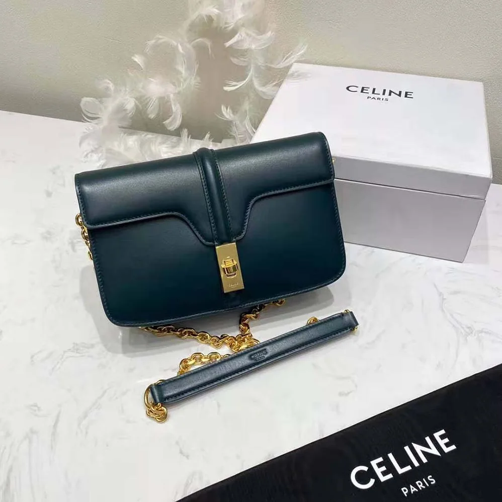 Celine Chain Bag 16 in Satinated Calfskin for Women in Green Celine Chain Bag 16 in Satinated Calfskin for Women in Green