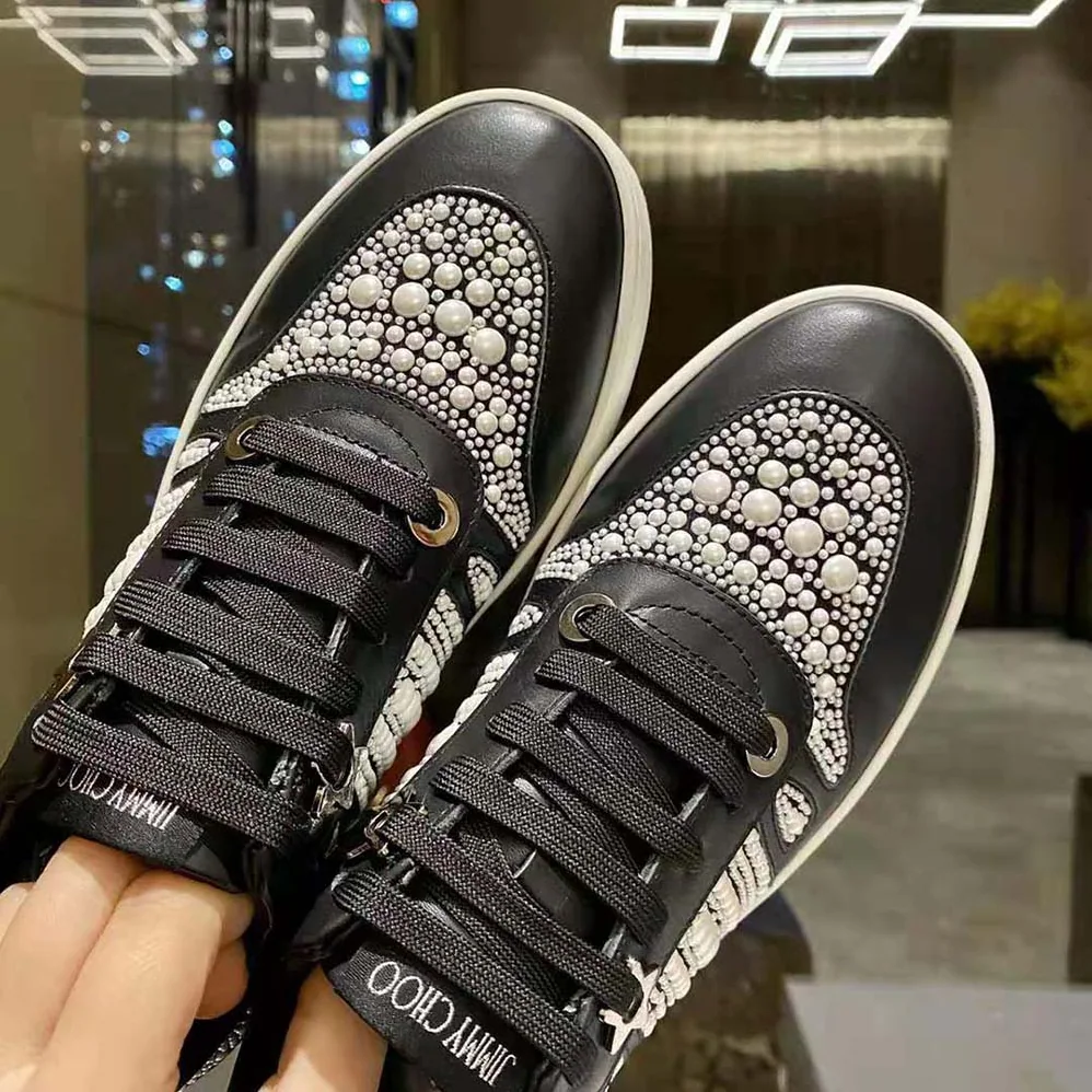Jimmy Choo Hawaii/F Black Calf Leather and Canvas Low Top Trainers for Women