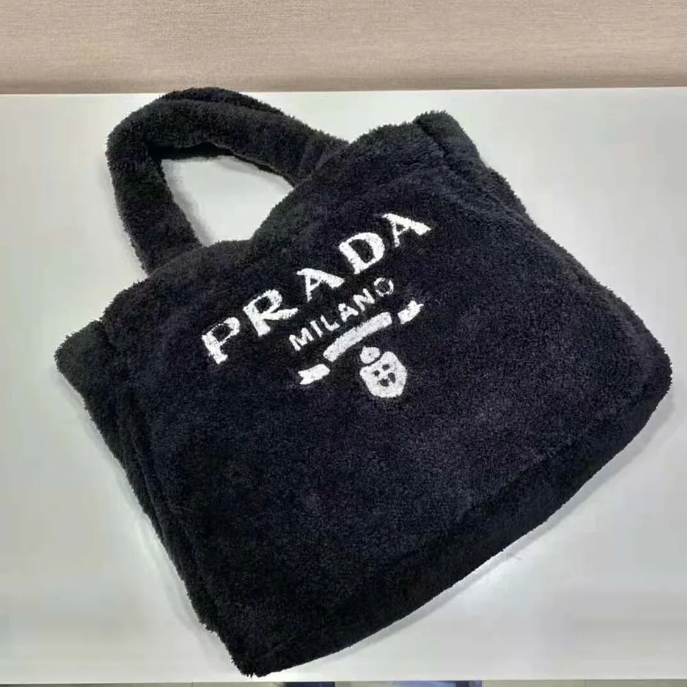 Prada Enameled Metal Triangle Logo Terry Tote Bag for Women in Black Prada Enameled Metal Triangle Logo Terry Tote Bag for Women in Black