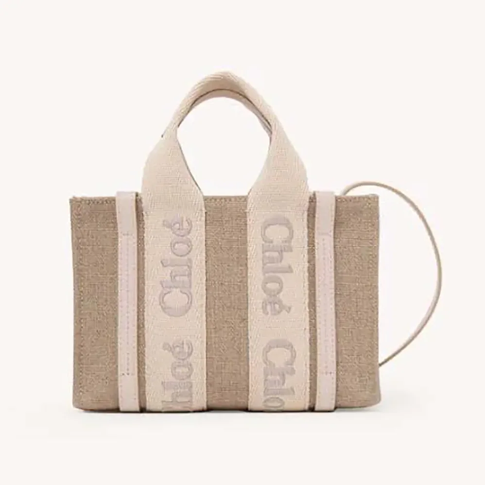 Chloe Mini Woody Tote Bag in Linen & Leather for Women in Pink