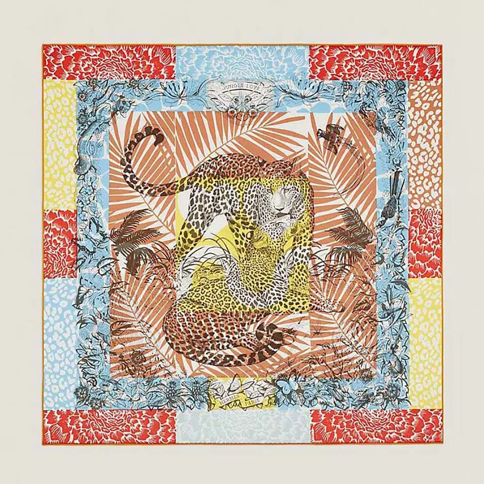 Hermes Jungle Love Stamped Scarf 70 in Silk Twill with Hand-Rolled Edges for Women in Orange