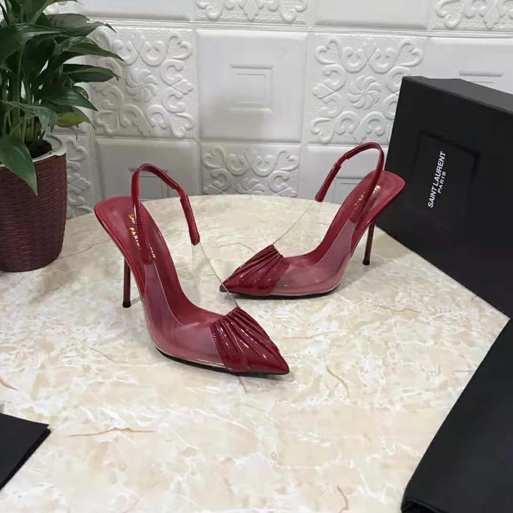 Saint Laurent YSL Chica Slingback Pumps in Tpu and Patent Leather for Women in Maroon