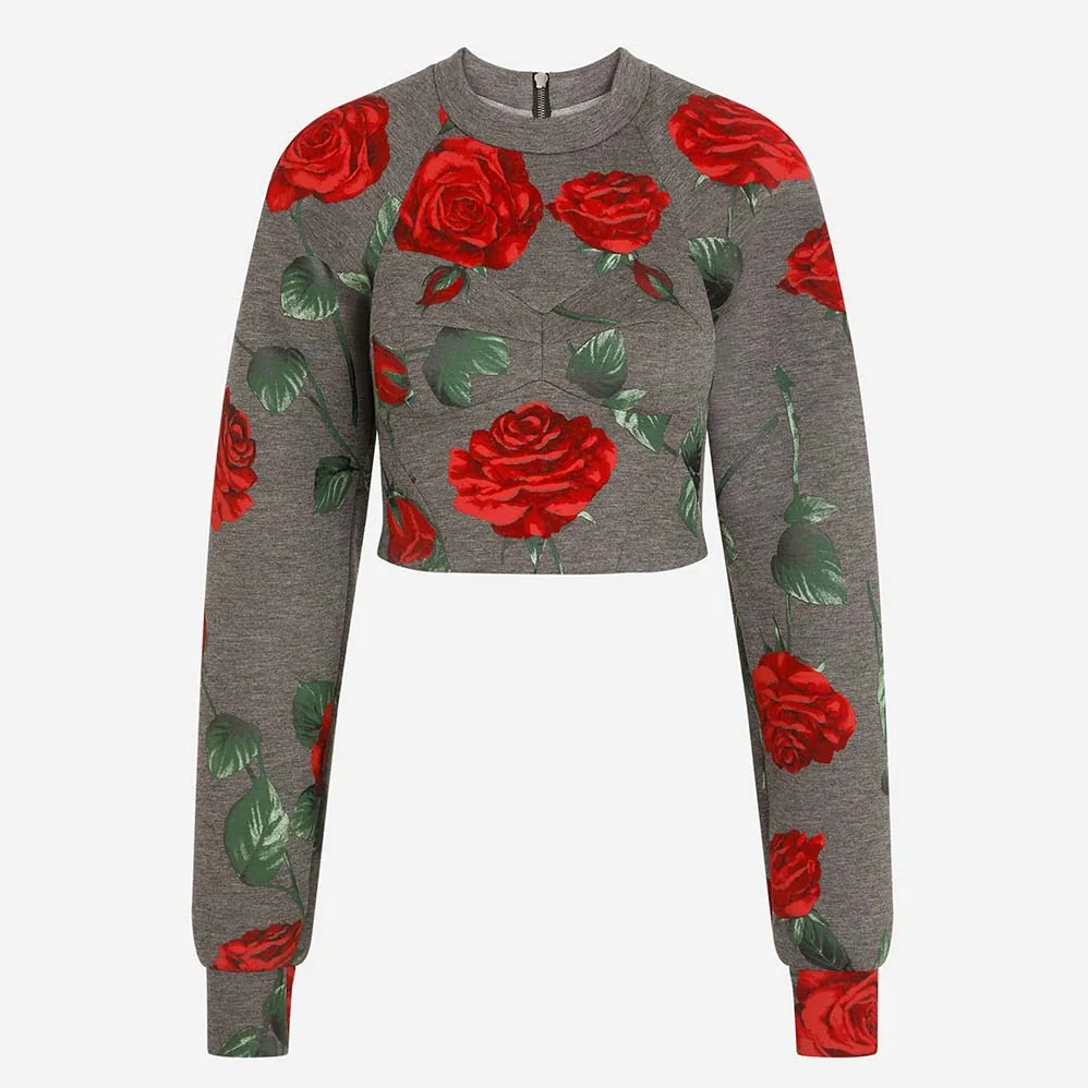 Dolce Gabbana D&G Technical Jersey Sweatshirt with Flocked Rose Print and Bustier Details for Women