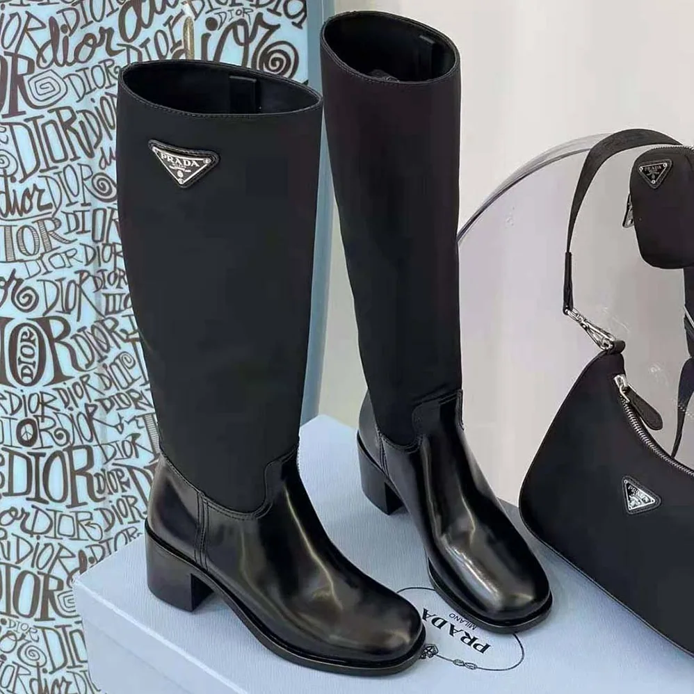 Prada Brushed Leather and Nylon Boots for Women in Black