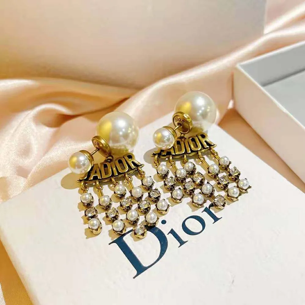 Dior Tribales Earrings Antique Gold-Finish Metal with White Resin Pearls for Women Dior Tribales Earrings Antique Gold-Finish Metal with White Resin Pearls for Women