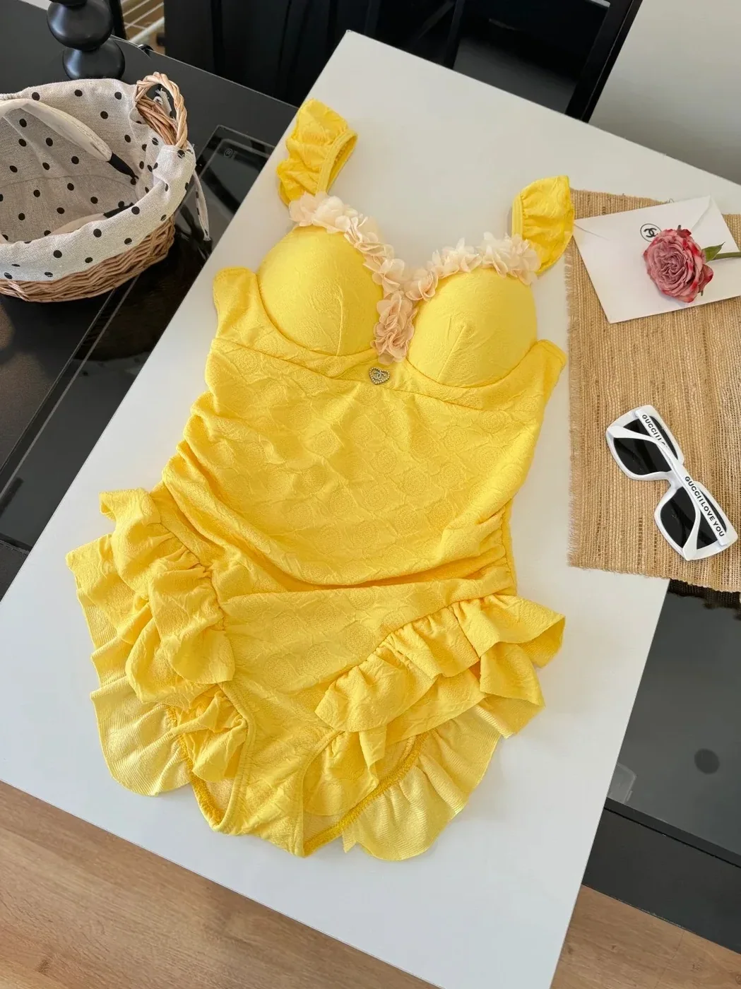 Chanel Vintage Floral Ruffled One in Piece Swimsuit Yellow
