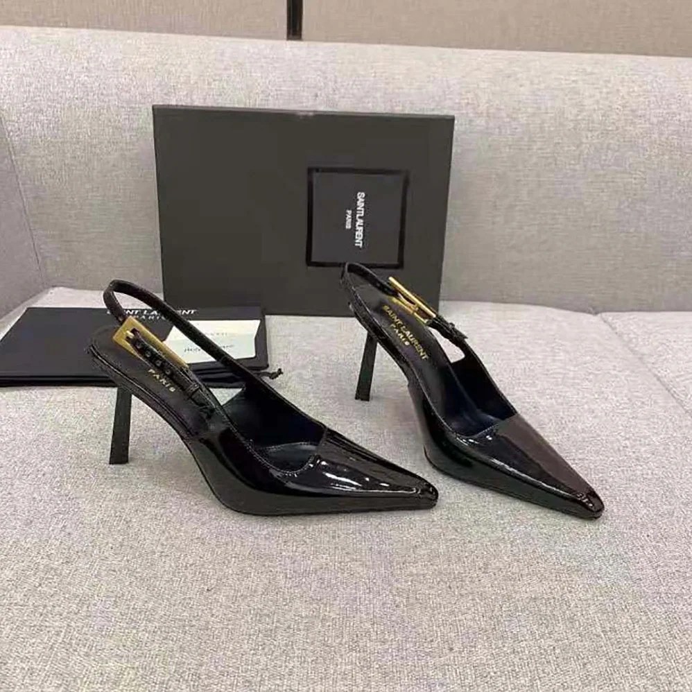 Saint Laurent YSL Lee Slingback Pumps in Glazed Leather for Women in Black Saint Laurent YSL Lee Slingback Pumps in Glazed Leather for Women in Black