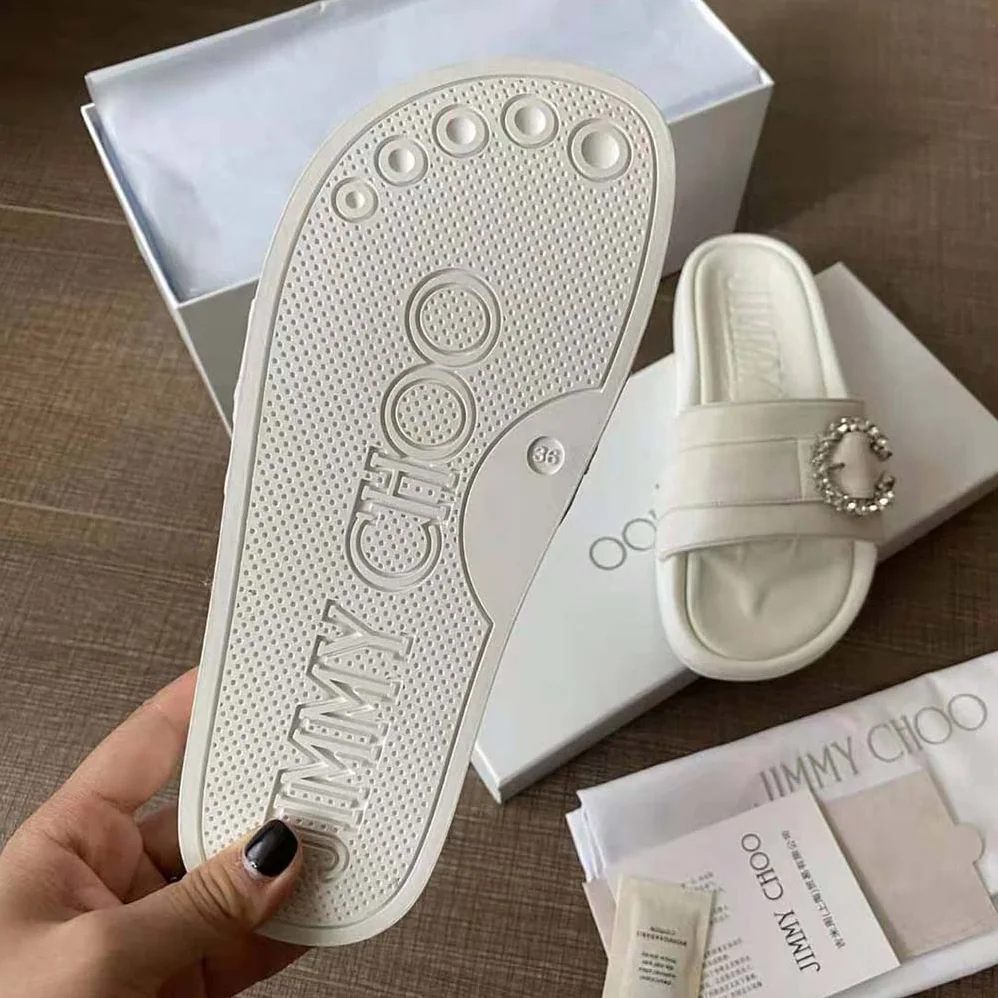 Jimmy Choo Fallon White Nappa Leather Slides with Crystal Buckle for Women Jimmy Choo Fallon White Nappa Leather Slides with Crystal Buckle for Women