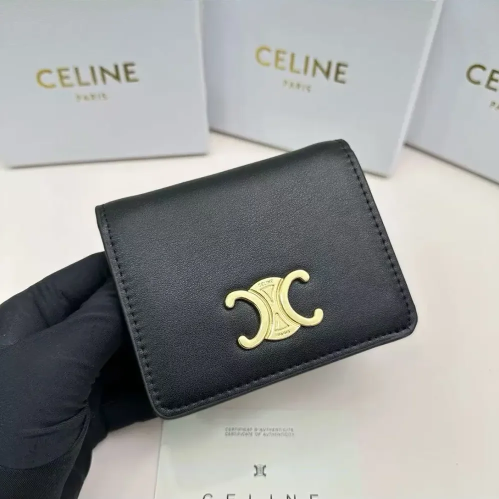 Celine Triomphe Compact Wallet In Shiny Calfskin for Women Celine Triomphe Compact Wallet In Shiny Calfskin for Women