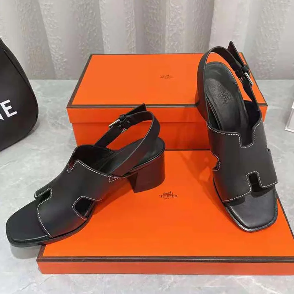 Hermes Elbe 60 Sandal in Calfskin with H Cut-Out Detail for Women in Black Hermes Elbe 60 Sandal in Calfskin with H Cut-Out Detail for Women in Black