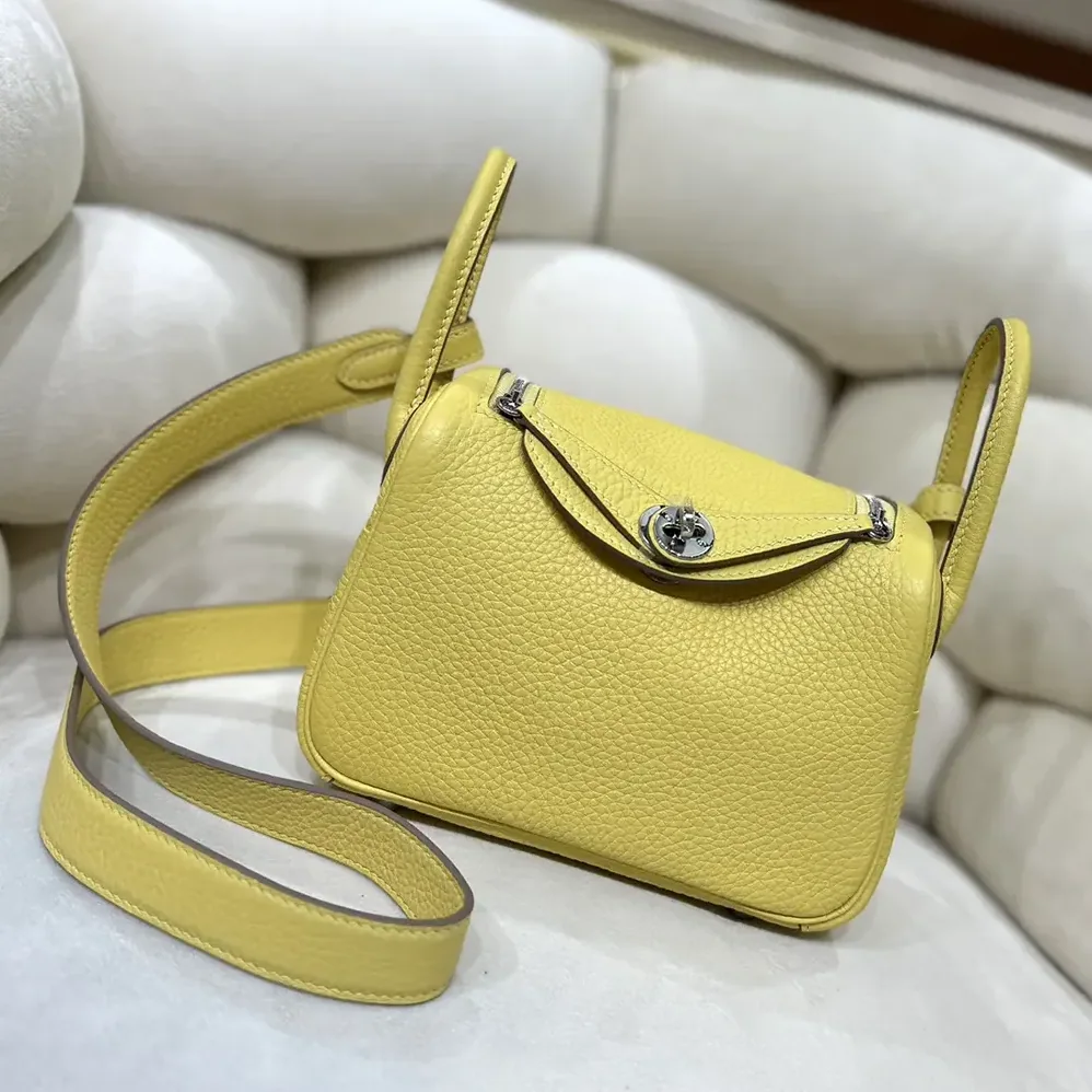 Hermes Lindy Mini 19 in Clemence Leather for Women in Yellow/Silver Hermes Lindy Mini 19 in Clemence Leather for Women in Yellow/Silver