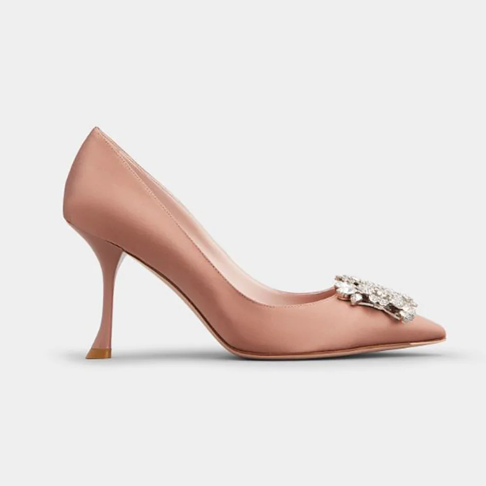 Roger Vivier RV Bouquet Strass Buckle Pumps in Satin for Women in Sandy Roger Vivier RV Bouquet Strass Buckle Pumps in Satin for Women in Sandy