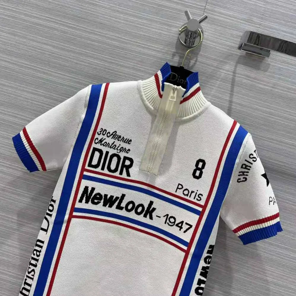Dior Stand Collar Top White and Tricolor Stretch Viscose for Women