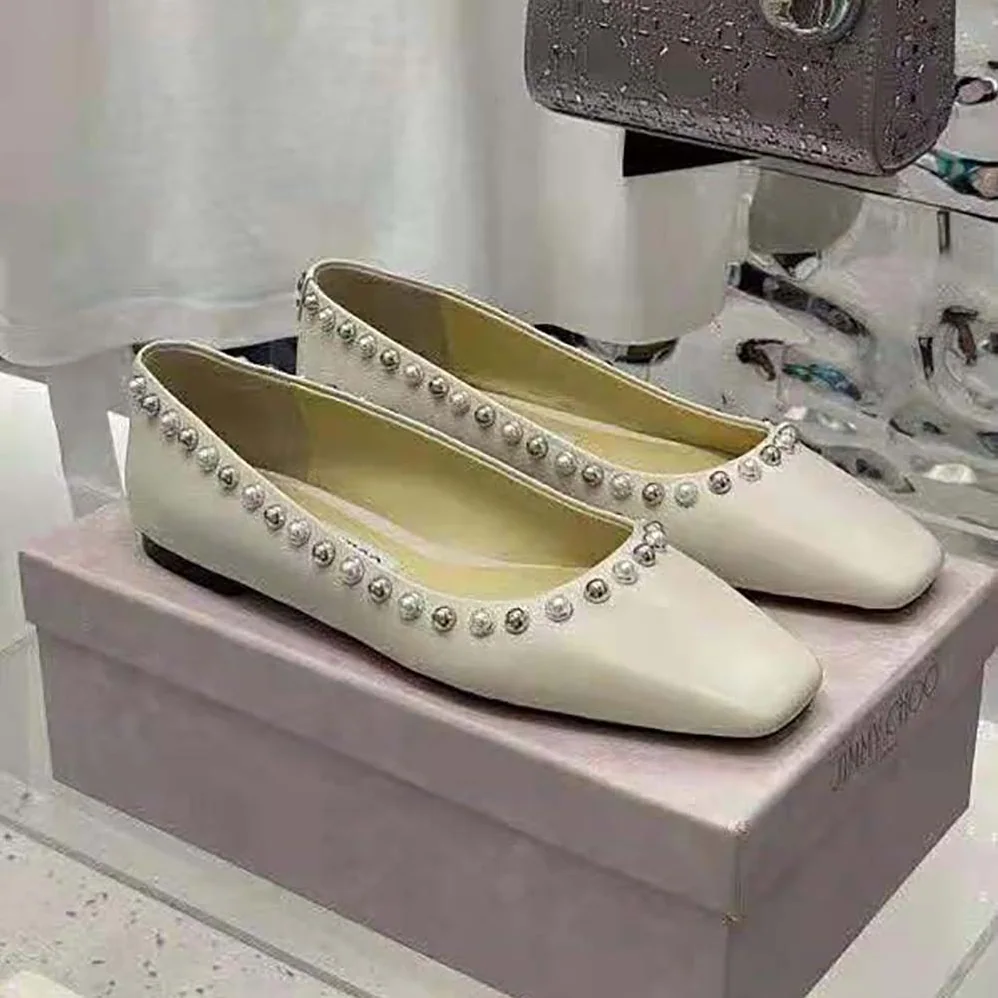 Jimmy Choo Mirele Flat Latte Nappa Leather Flats with Pearl Outline for Women