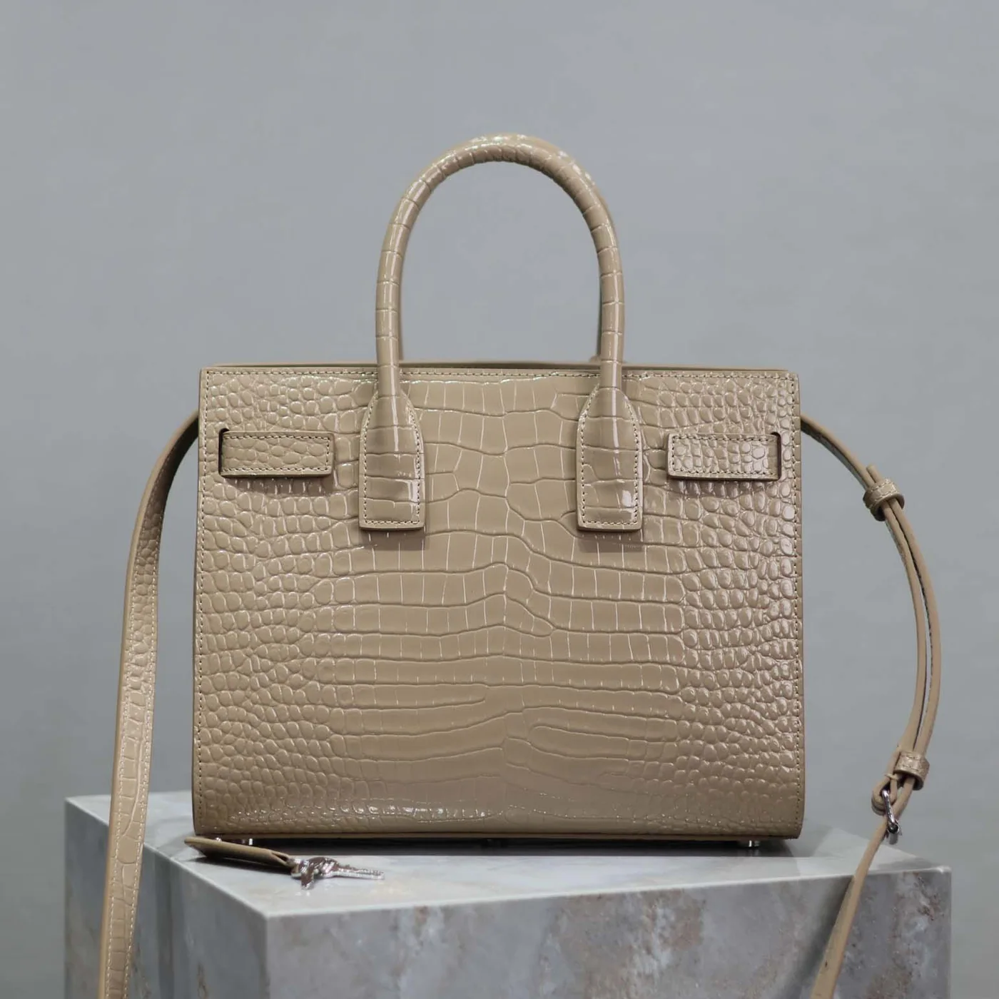 Saint Laurent YSL Sac De Jour in Embossed Crocodile Leather Baby for Women in Sandy Saint Laurent YSL Sac De Jour in Embossed Crocodile Leather Baby for Women in Sandy