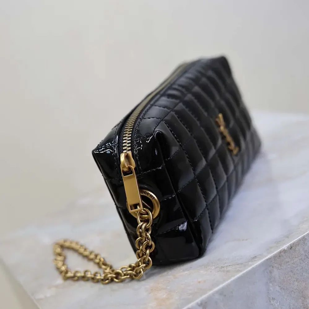 Saint Laurent YSL Cassandre Matelassé Carré Pouch On Chain In Shiny Canvas for Women in Black Saint Laurent YSL Cassandre Matelassé Carré Pouch On Chain In Shiny Canvas for Women in Black