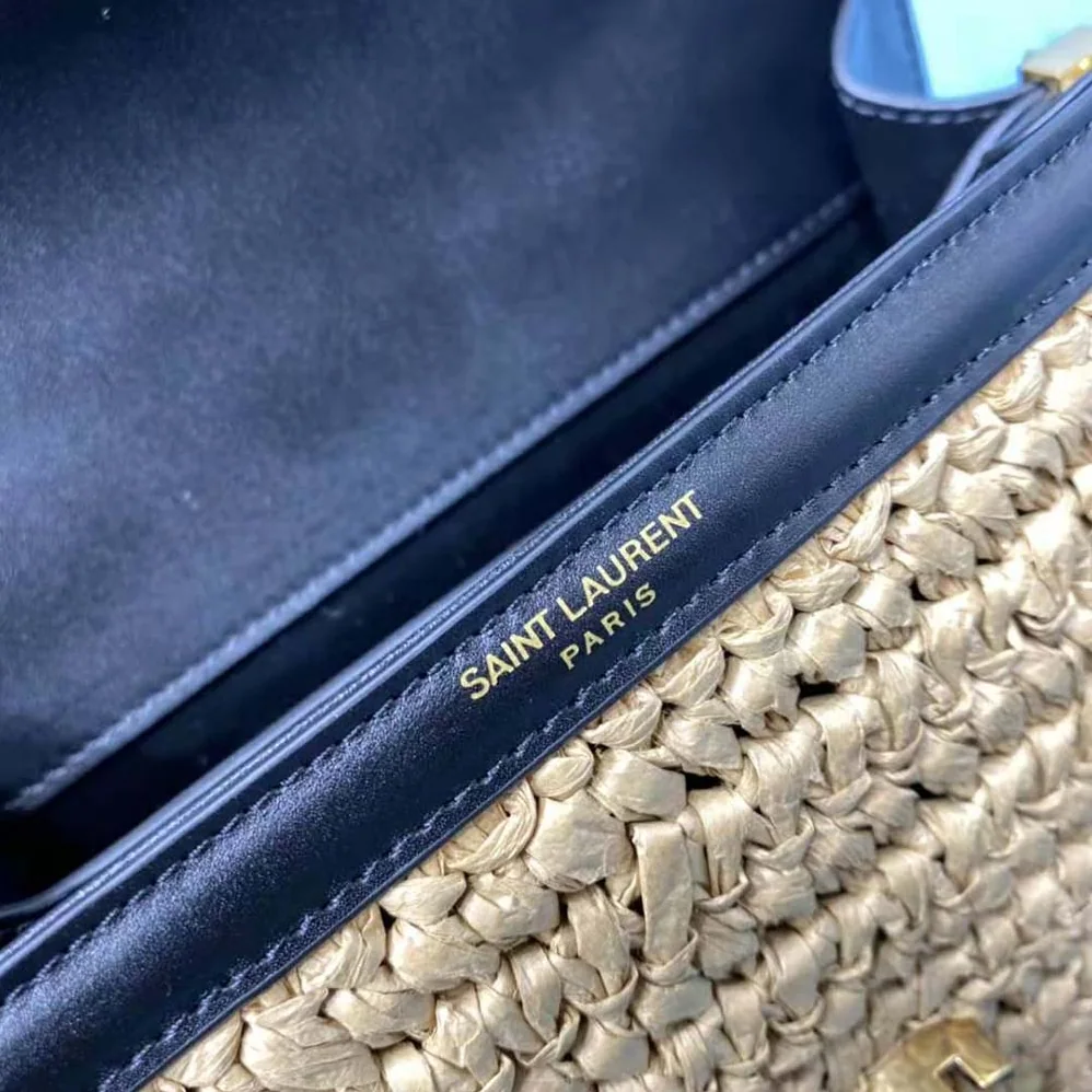 Saint Laurent YSL Cassandra Mini Top Handle Bag in Raffia and Leather for Women