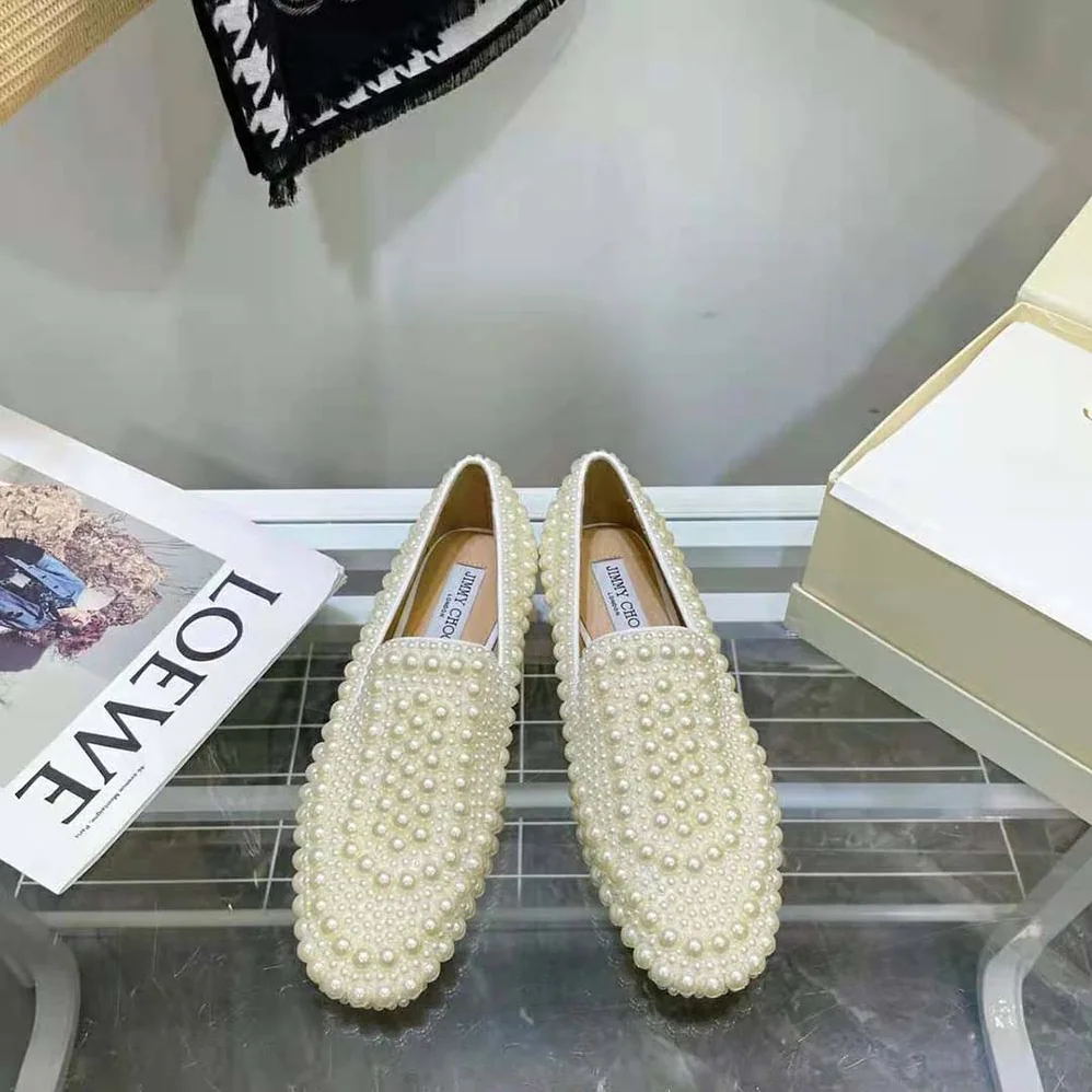Jimmy Choo Varsha Flat White Satin Flats with All for Women in Over Pearl Embellishment