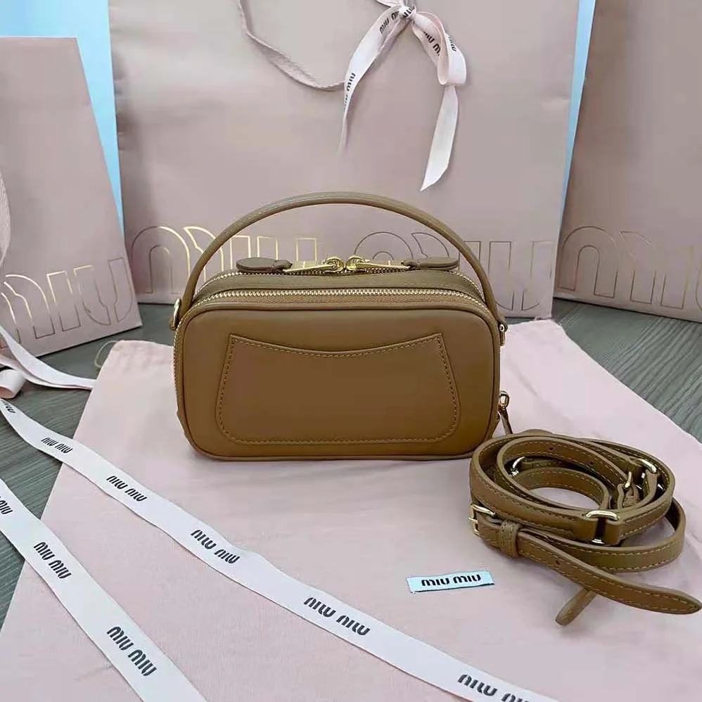 Miu Miu Arcadie Leather Bag with Metal Lettering Logo for Women in Brown Miu Miu Arcadie Leather Bag with Metal Lettering Logo for Women in Brown