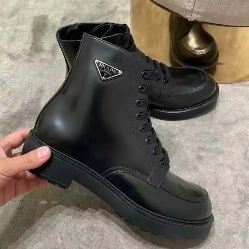 Prada Brushed Leather Combat Boots for Unisex in Black