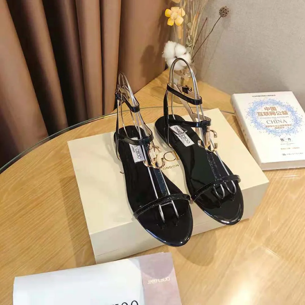 Jimmy Choo Alodie Flat Black Nappa and Patent Leather Flat Sandals for Women Jimmy Choo Alodie Flat Black Nappa and Patent Leather Flat Sandals for Women
