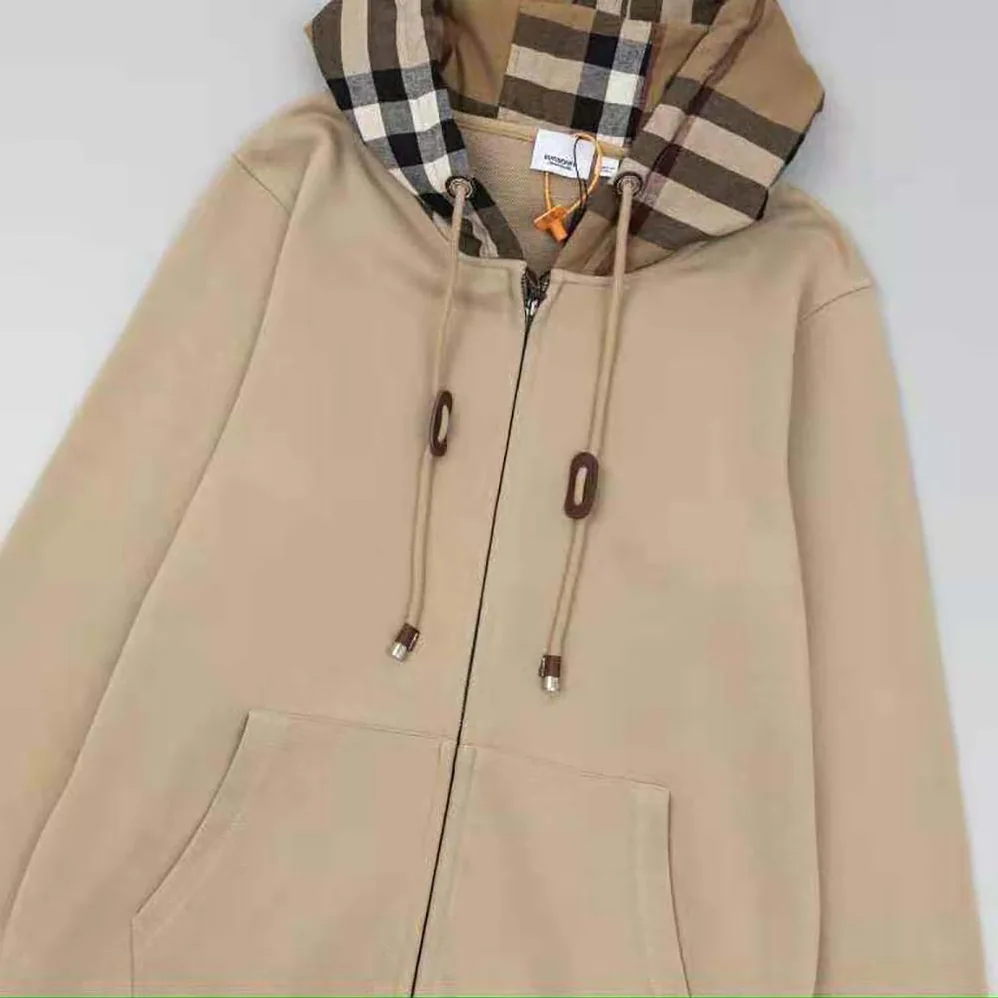 Burberry Check Trim Cotton Zip Hoodie for Men in Beige