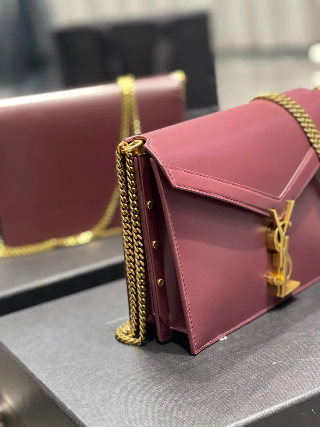 Saint Laurent Cassandra Medium Shoulder Bag in Burgundy Gold Hardware