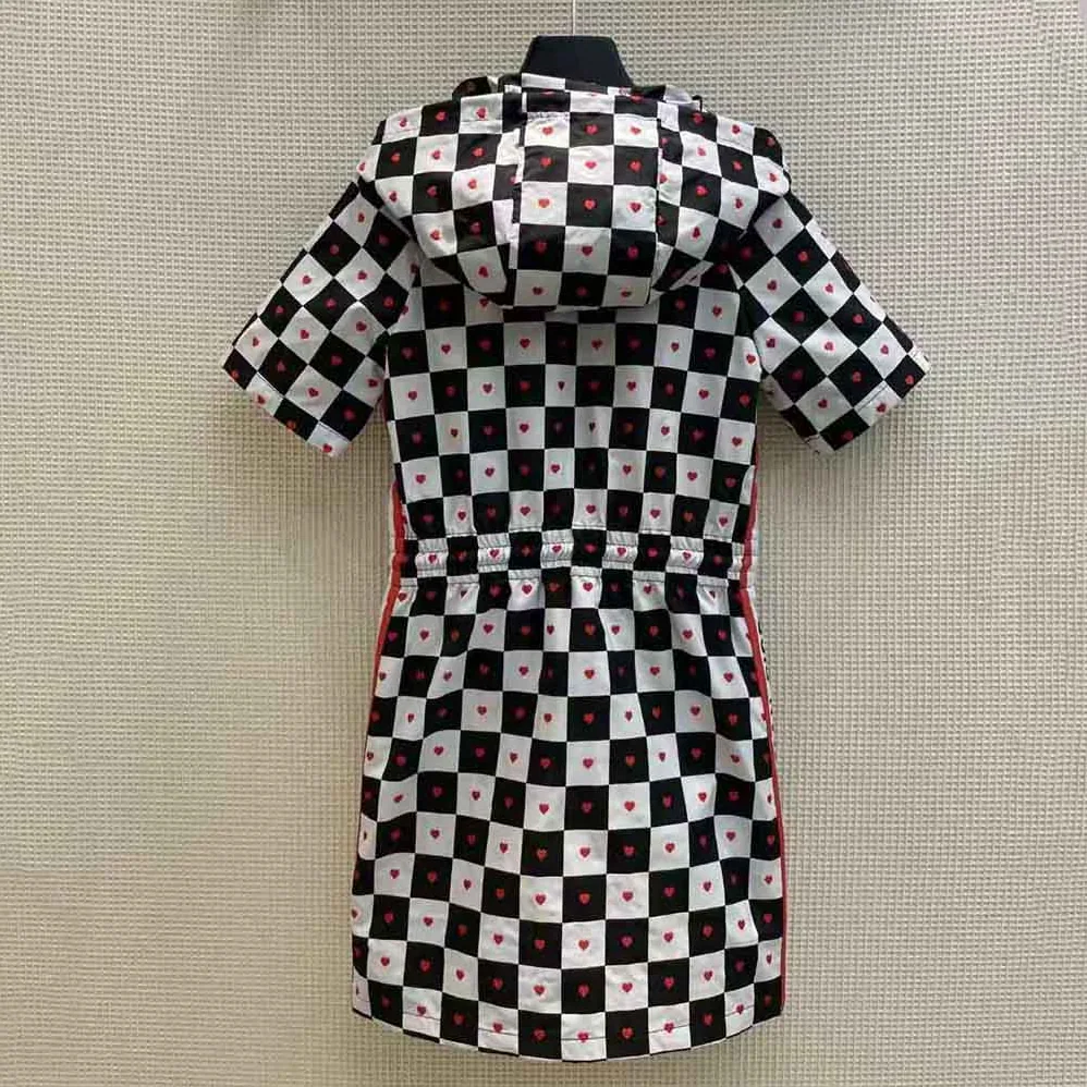 Dior Dioramour Hooded Short Dress Black White and Red D-Chess Heart Technical Taffeta Jacquard for Women Dior Dioramour Hooded Short Dress Black White and Red D-Chess Heart Technical Taffeta Jacquard for Women
