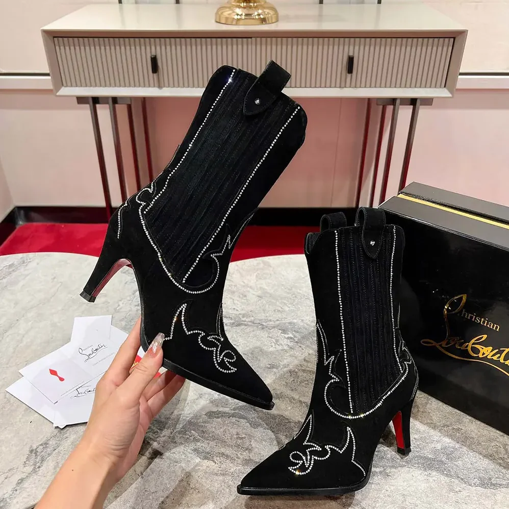 Christian Louboutin Santigag Strass 85 mm Low Boots Veau Velours and Strass for Women in Black Christian Louboutin Santigag Strass 85 mm Low Boots Veau Velours and Strass for Women in Black