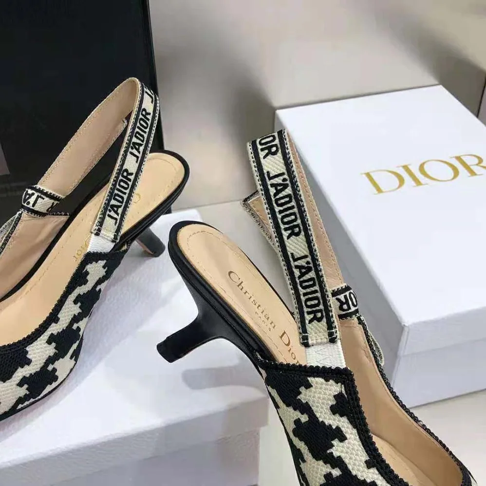 Dior J'Adior Slingback Pump Black and White Cotton Embroidery for Women Dior J'Adior Slingback Pump Black and White Cotton Embroidery for Women