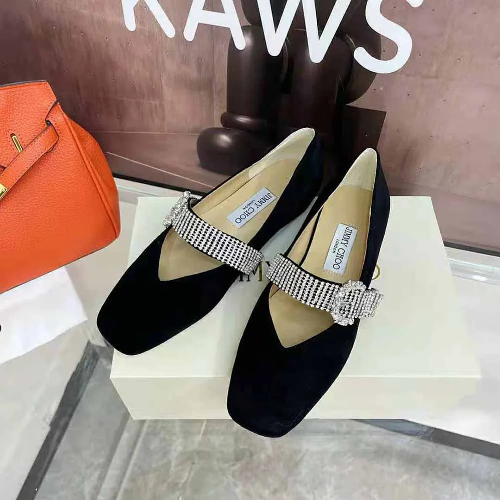 Jimmy Choo Krista Flat Black Suede Flats with Crystal for Women in Embellished Strap