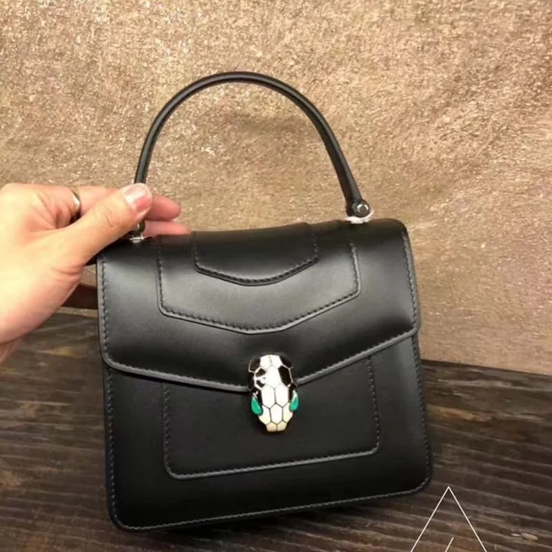 Bvlgari Serpenti Forever Medium Flap Cover Handle Bag Calfskin in Black