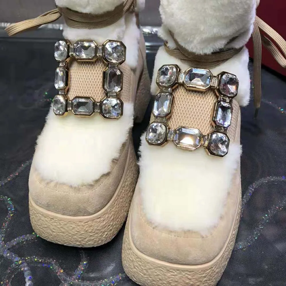 Roger Vivier Viv' Rangers Strass Buckle Flatform Booties in Suede for Women in Beige Roger Vivier Viv' Rangers Strass Buckle Flatform Booties in Suede for Women in Beige