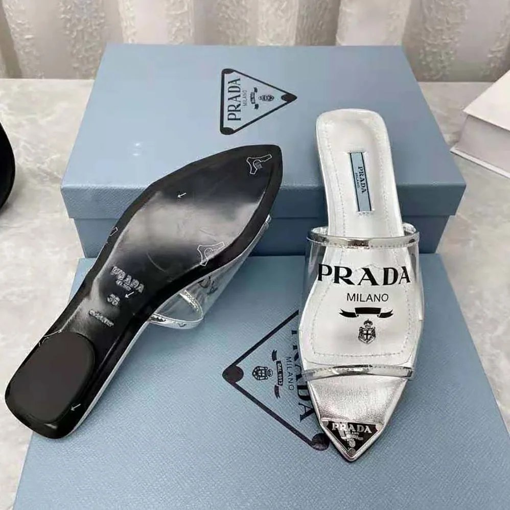 Prada Logo-Print Plexiglas Slides for Women in Silver Prada Logo-Print Plexiglas Slides for Women in Silver
