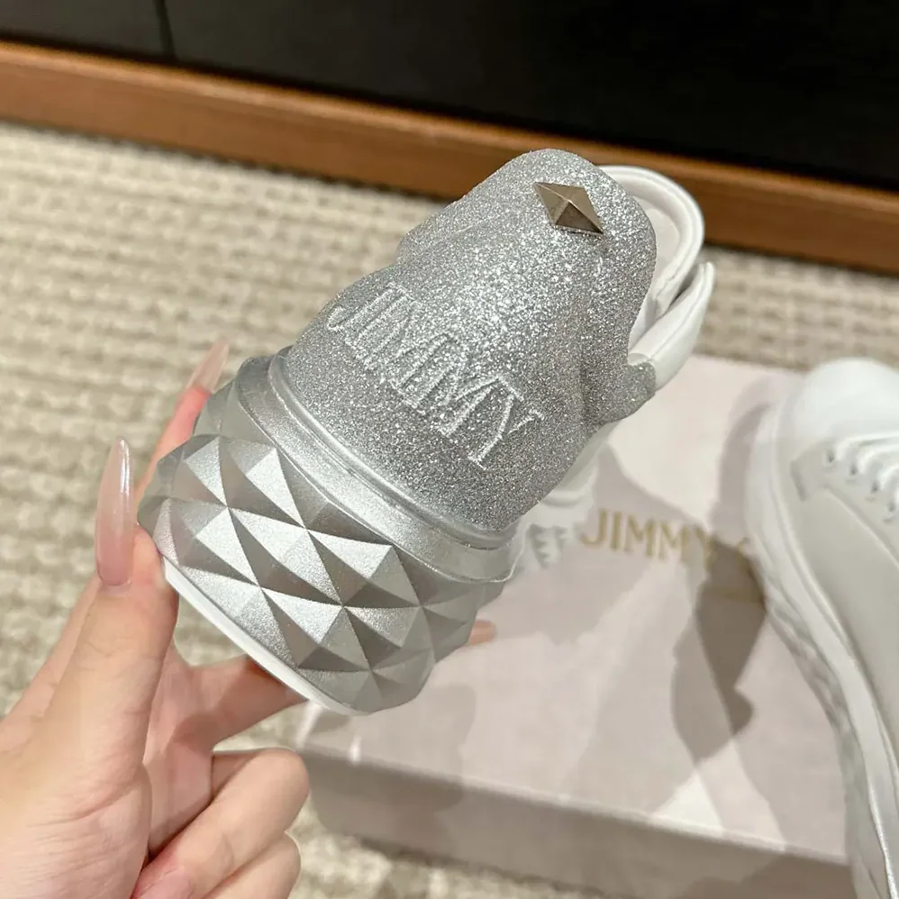 Jimmy Choo Diamond Maxi/F II White & Silver Nappa Leather Glitter Trainers for Women Jimmy Choo Diamond Maxi/F II White & Silver Nappa Leather Glitter Trainers for Women