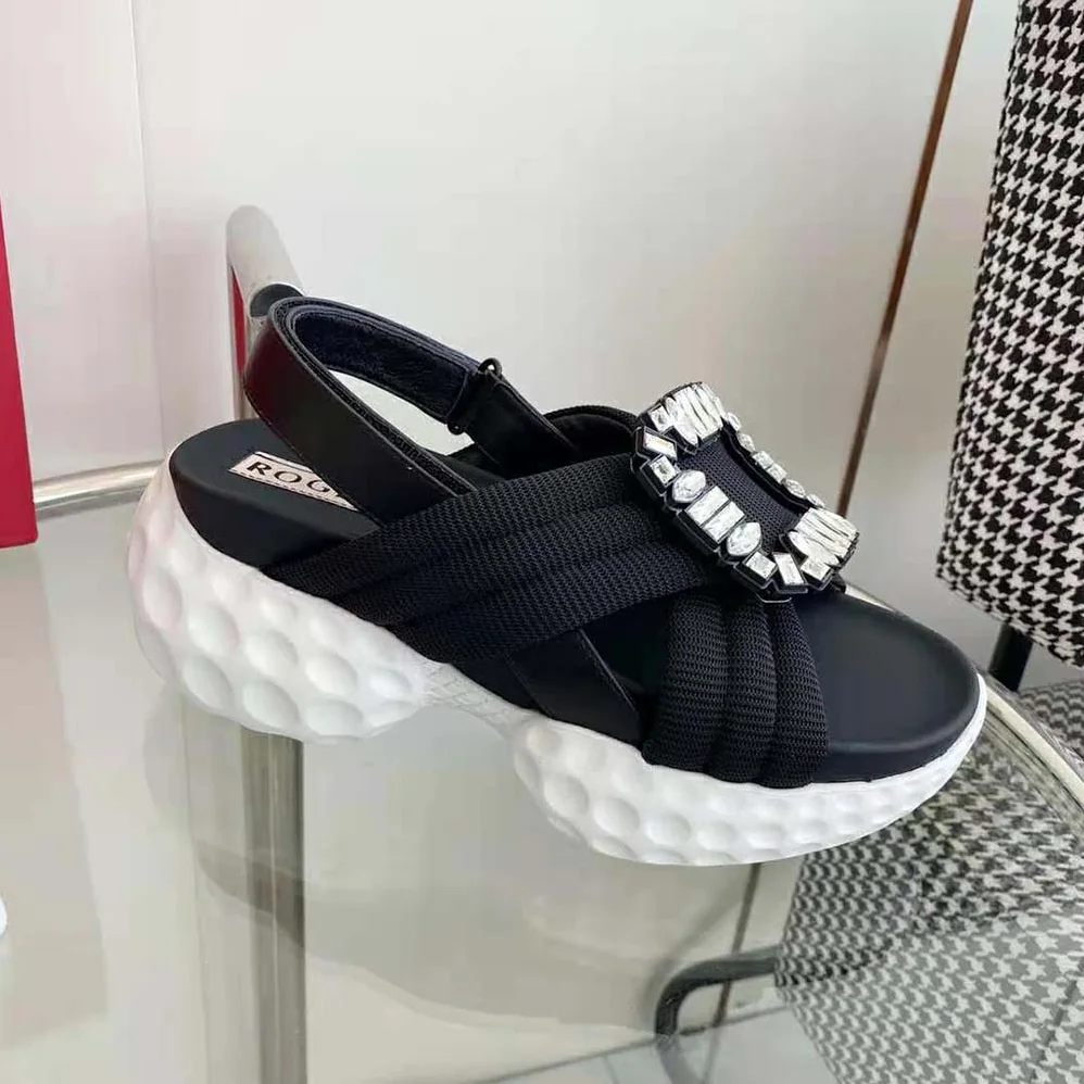 Roger Vivier Viv' Run Light Strass Buckle Sandals in Fabric for Women in Black Roger Vivier Viv' Run Light Strass Buckle Sandals in Fabric for Women in Black