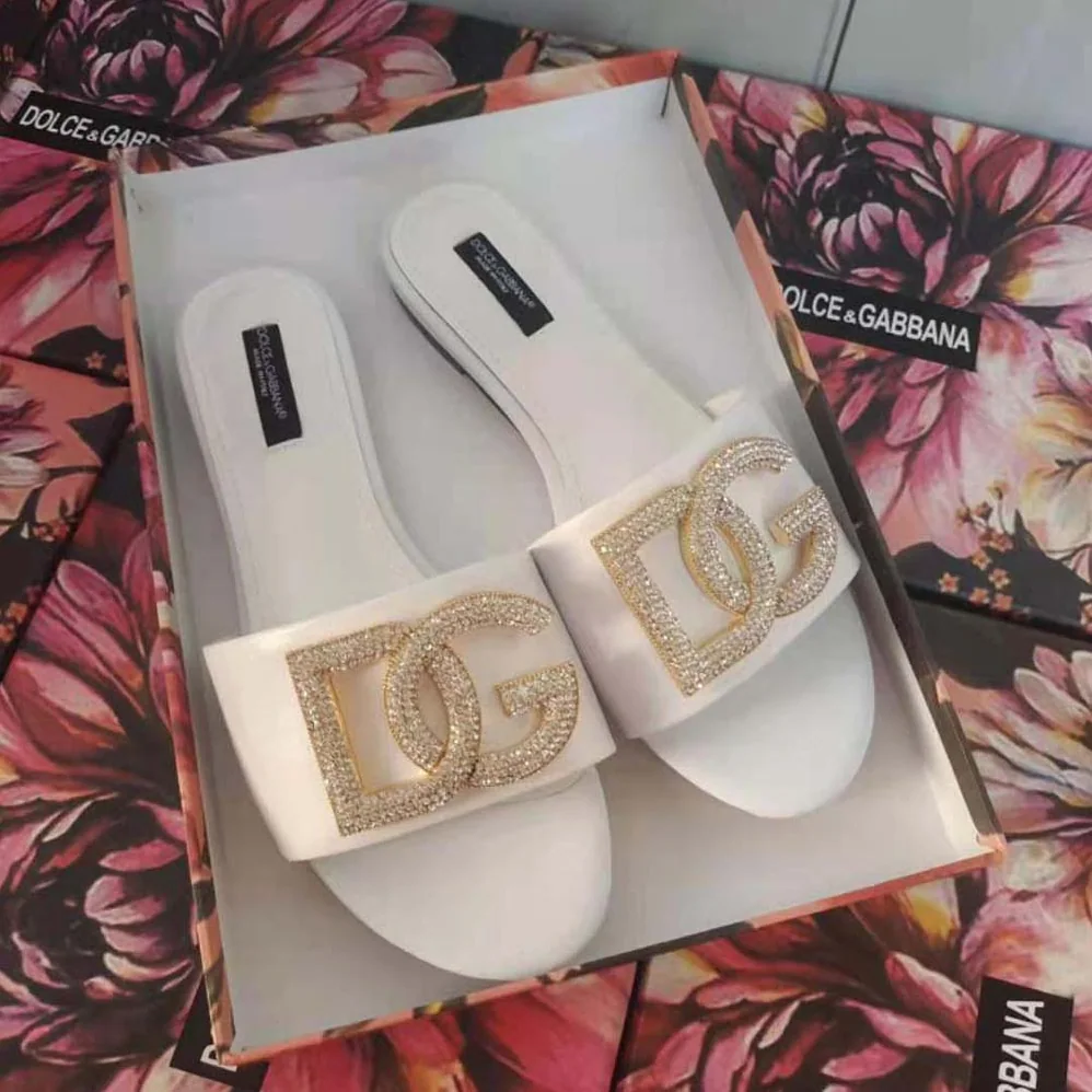 Dolce Gabbana D&G Calfskin Slides with DG Logo for Women in White