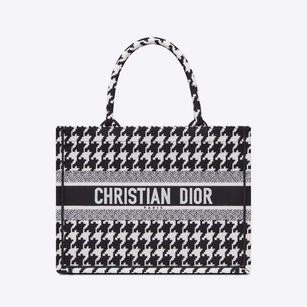 Dior Small Dior Book Tote Black Houndstooth Embroidery for Women