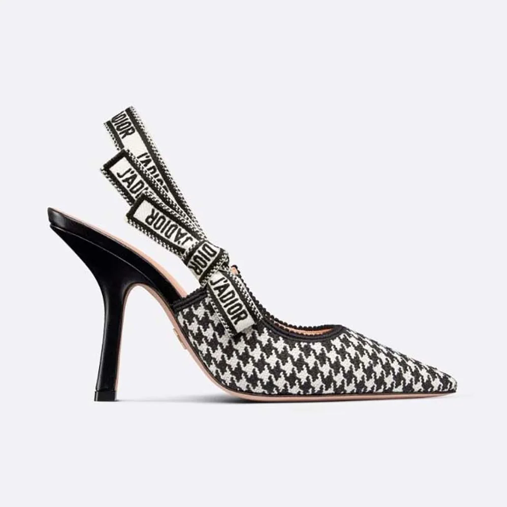 Dior J'Adior Slingback Pump White and Black Micro for Women in Houndstooth Embroidered Cotton