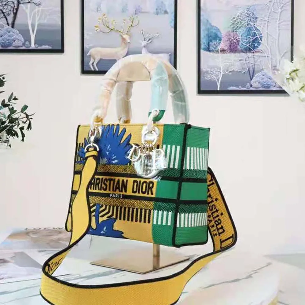 Dior Medium Lady D-lite Bag Bright Yellow and Green D for Women in Flower Pop Embroidery Dior Medium Lady D-lite Bag Bright Yellow and Green D for Women in Flower Pop Embroidery